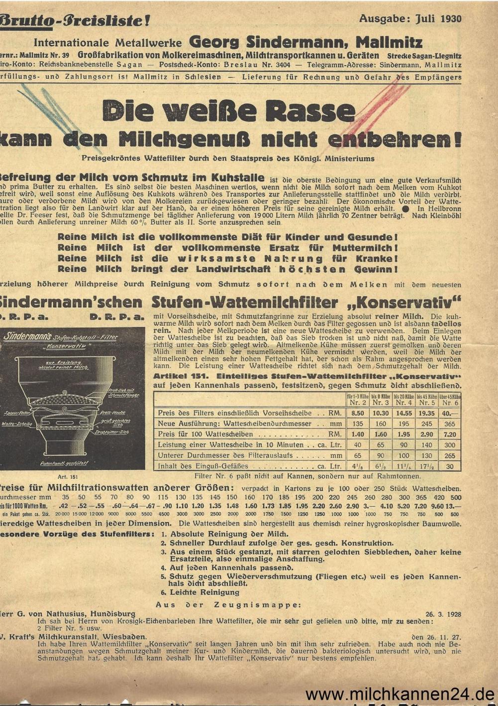Georg Sindermanns Preisliste von 1930, Seite 1, Milch filtern mit Milchseiher und Filterwatte