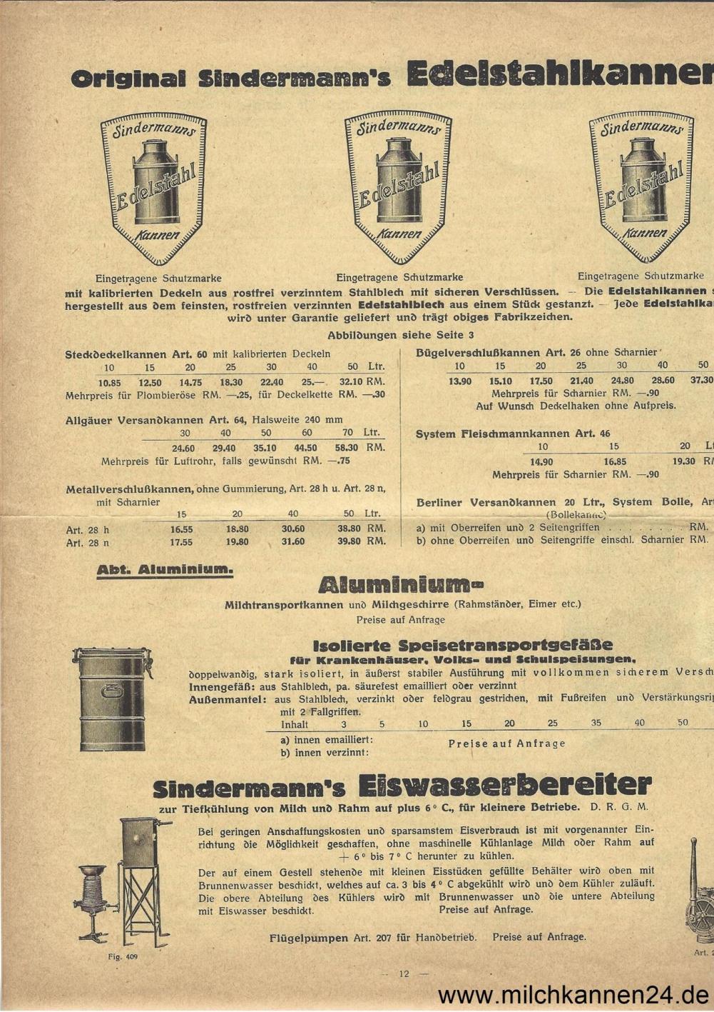 Georg Sindermann Preisliste von 1930, Seite 12. Schwerpunkte: Milchkannen, Transportbehälter, Eiswasserbereiter etc.
