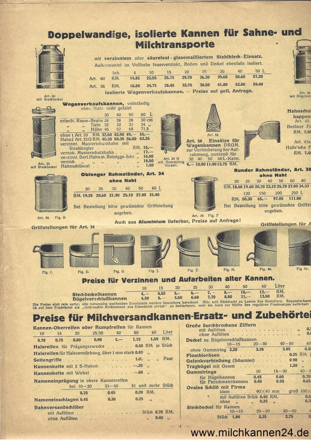 Georg Sindermann Preisliste von 1930, Seite 4. Schwerpunkte: Sahntransportkannen, Milchtransportkannen, Ersatzteile, Zubehörteile