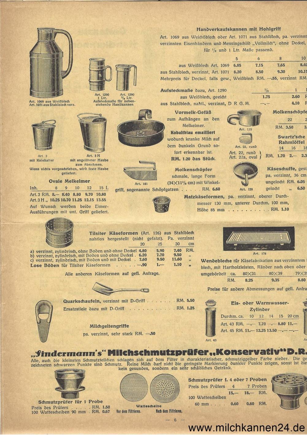 Georg Sindermann Preisliste von 1930, Seite 6. Schwerpunkte: Handverkaufskannen, Melkeimer, Quarkschaufeln uvm.