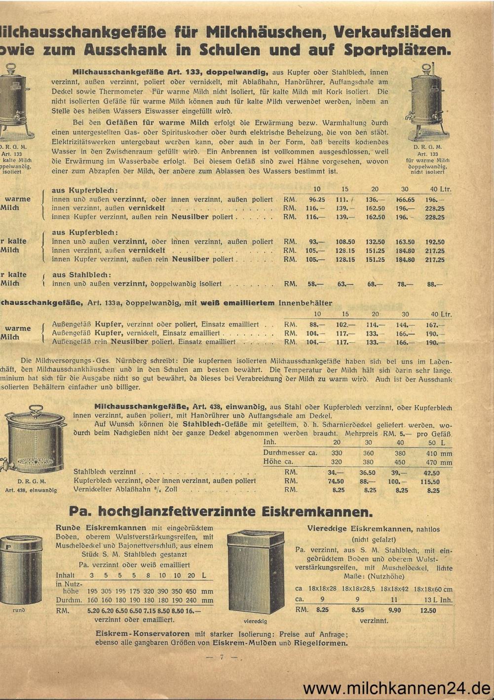 Georg Sindermann Preisliste 1930, Seite 7. Schwerpunkte: Milchausschankgefäße, Eiskremkannen und mehr