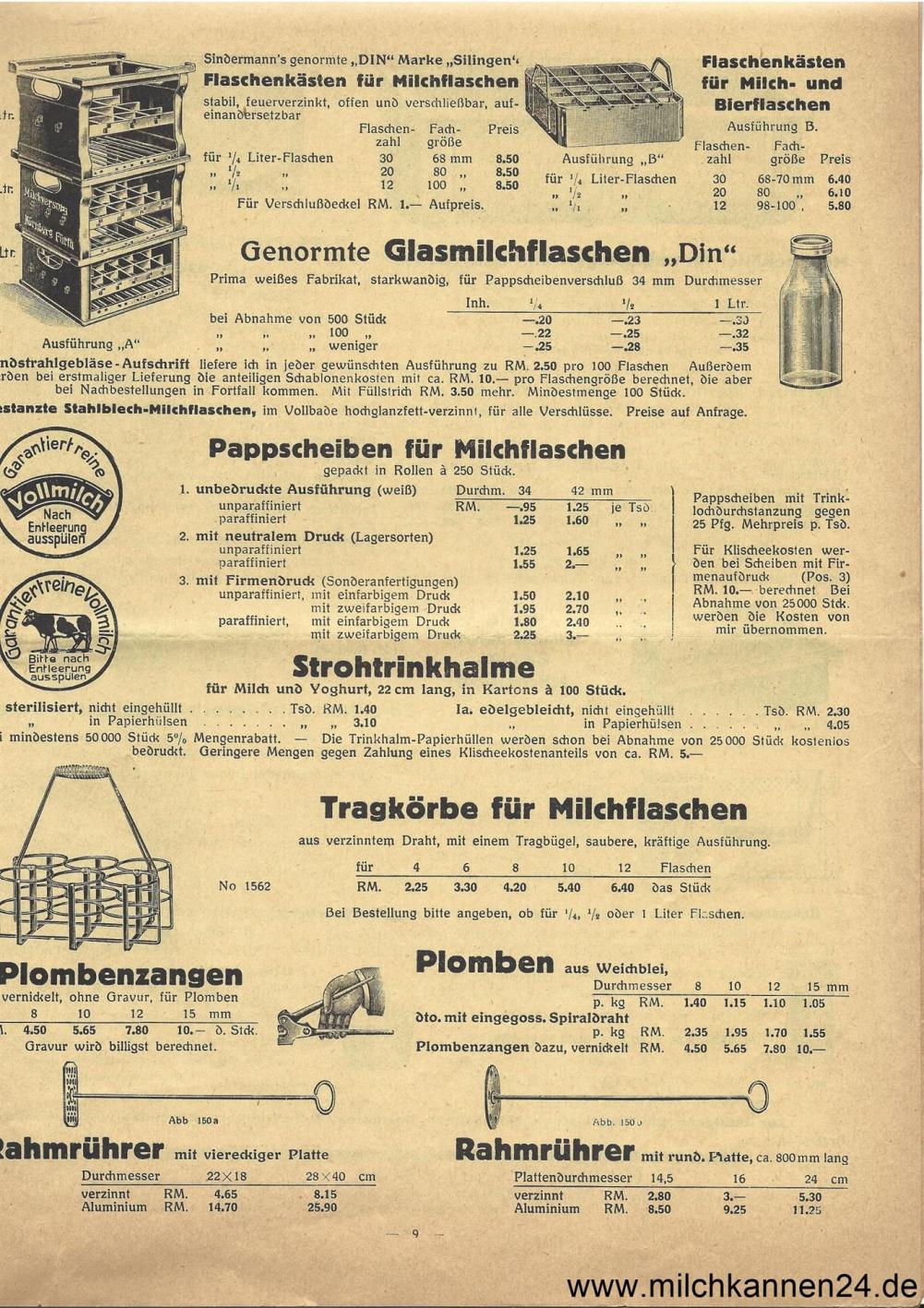 Georg Sindermann Preisliste von 1930, Seite 9. Schwerpunkte: Flaschenkästen, Milchflaschen, Plomben etc.